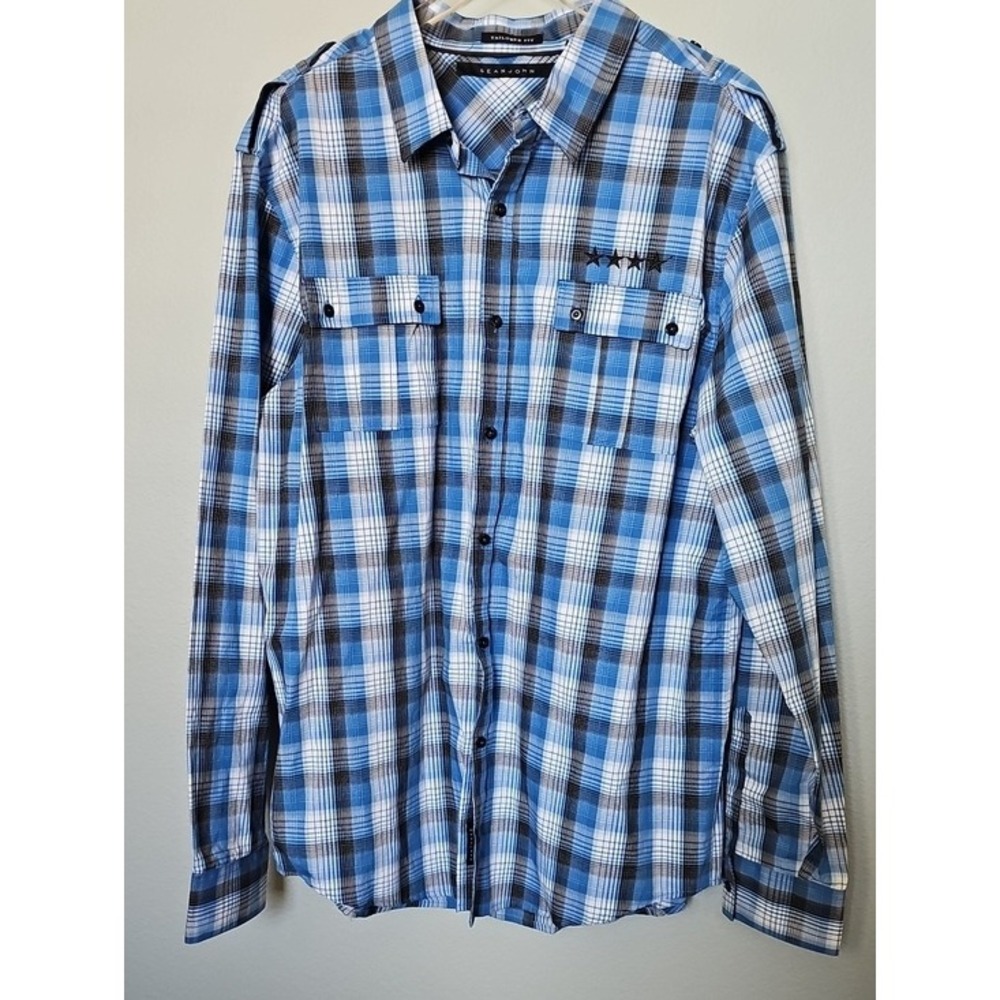 Sean John Plaid Button Down Shirt Tailored Fit Military Star Blue 3XL Y2K